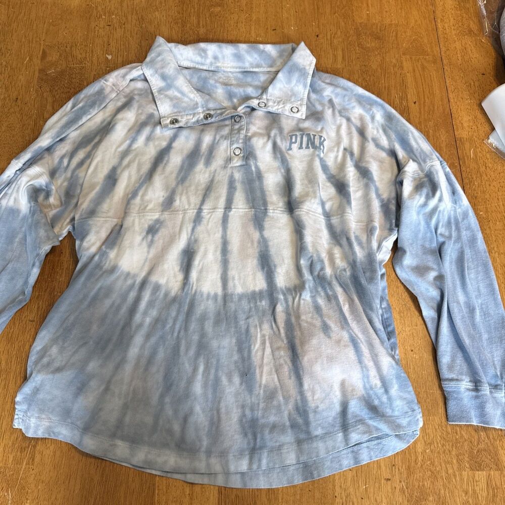 Victoria's Secret PINK Spellout Logo Tie-Dye Top XL Long Sleeve Pockets Snaps